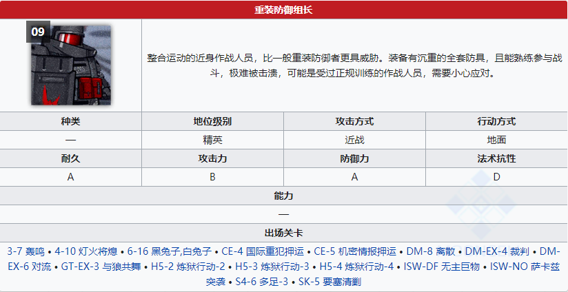 《明日方舟》重裝防御組長屬性介紹