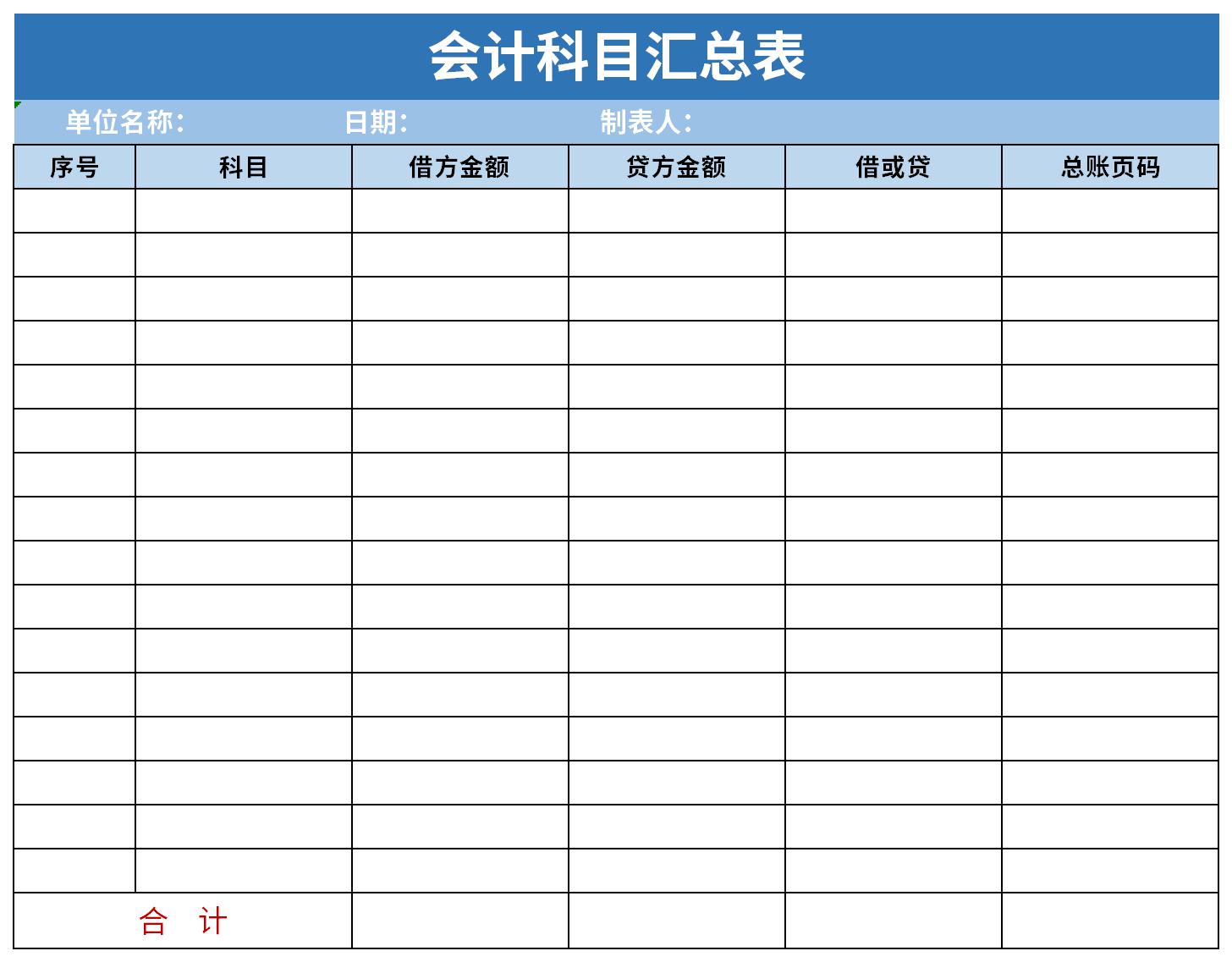 會計科目匯總表Excel模板 v2022版