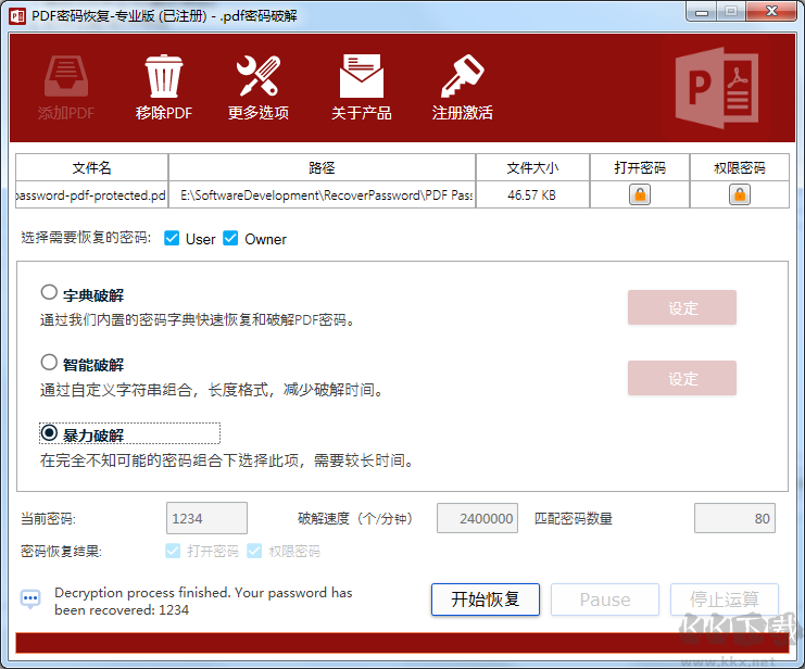 PDF密碼恢復工具截圖